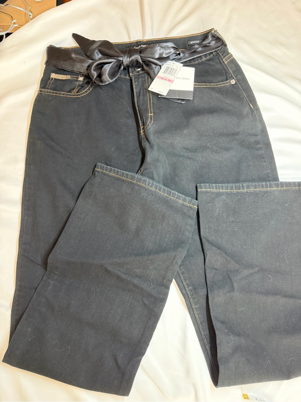 Calvin Klein Jeans Black Straight-Leg Jeans with Satin Tie